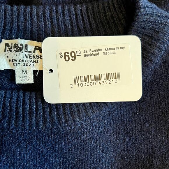 Nola Verse Karma Is My Boyfriend Women's Pullover Sweater Navy Blue Size Medium - Picture 5 of 5